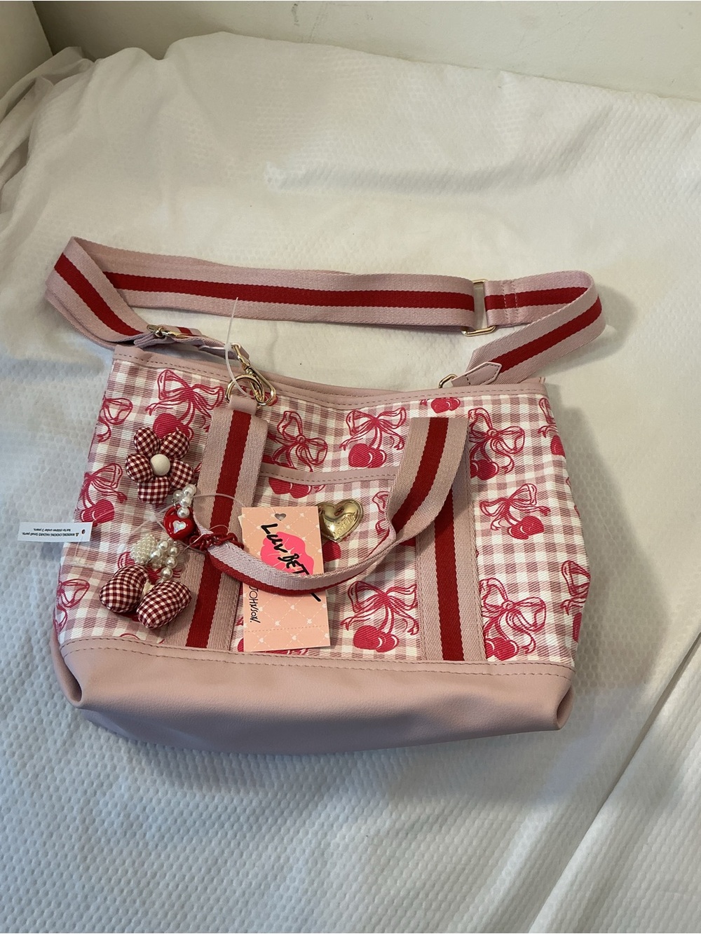 Pink Cherry Plaid Shoulder Bag with Red Accent Straps